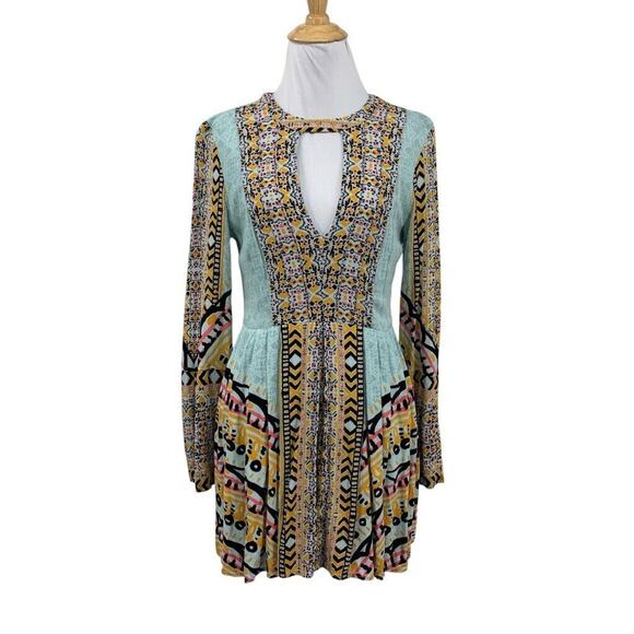 Free People Dresses & Skirts - Free People Dress Womens 4 Multi Pleated Tegan Border Keyhole Bohemian Mini